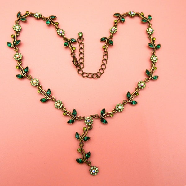 Vintage Pink & Green Diamante Floral Lariat Necklace