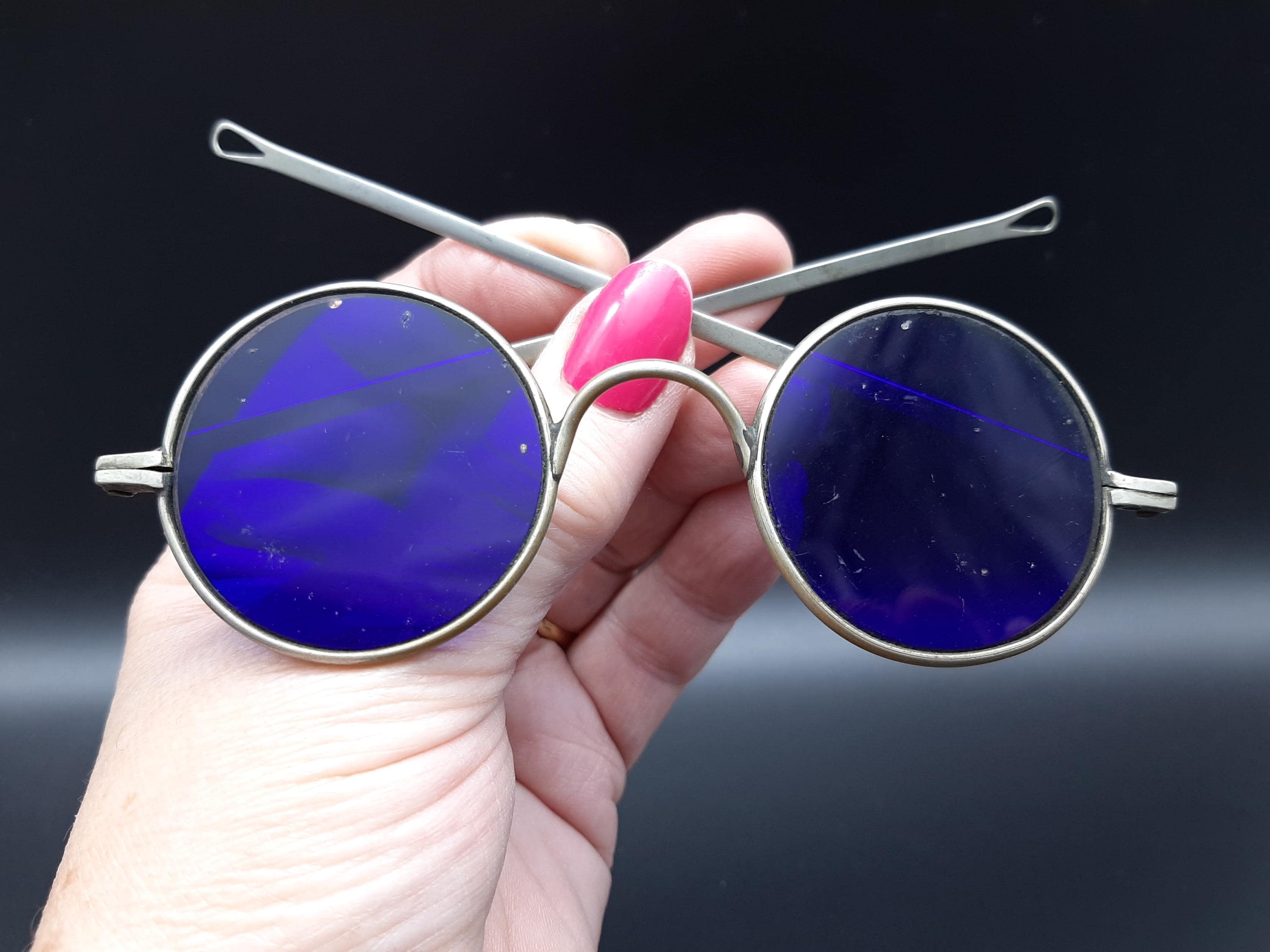 Antique Victorian Round Cobalt Blue Welding Glasses / Sunglasses