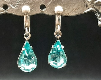 Vintage 1950s Mid Century Sterling Silver & Blue Topaz Drop Earrings