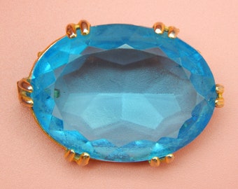 Vintage 1950s Große Sapphire Blau Facetten Glas Brosche/Anhänger