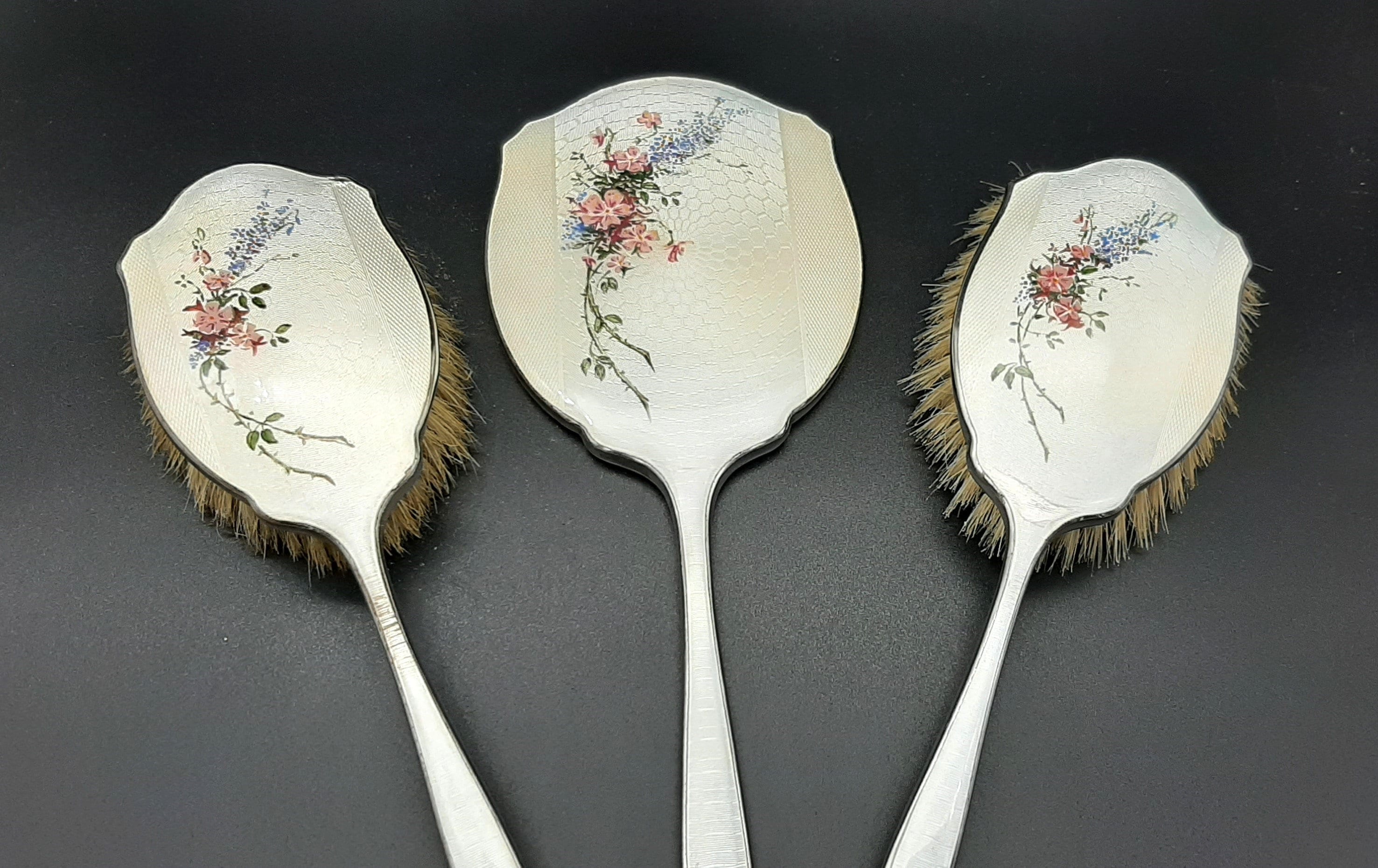 Vintage 1950s Three Piece Guilloche Enamel Hair Brush and 