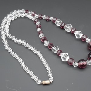 Antique Art Deco 1920s Hand Faceted Clear & Amethyst Graduated Glass Bead Necklace - longer length