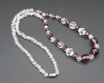 Antique Art Deco 1930s Hand Faceted Amethyst & Clear Glass Bead Necklace - longer length