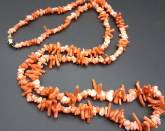 Antique Edwardian to Art Deco Long Length Orange Pink Branch Coral Necklace