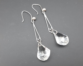 Antique Art Deco 1930s Solid Silver & Clear Crystal Long Drop Earrings