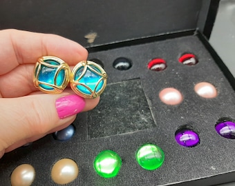 Vintage Joan Rivers Interchangeable Cabochon Earrings - Gold Tone, 10 Colors
