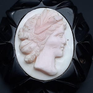 May include: A vintage cameo brooch featuring a profile of a woman with flowing hair, carved in light pink against a white oval background. The cameo is set in a black, ornate, scalloped frame, creating a striking contrast.