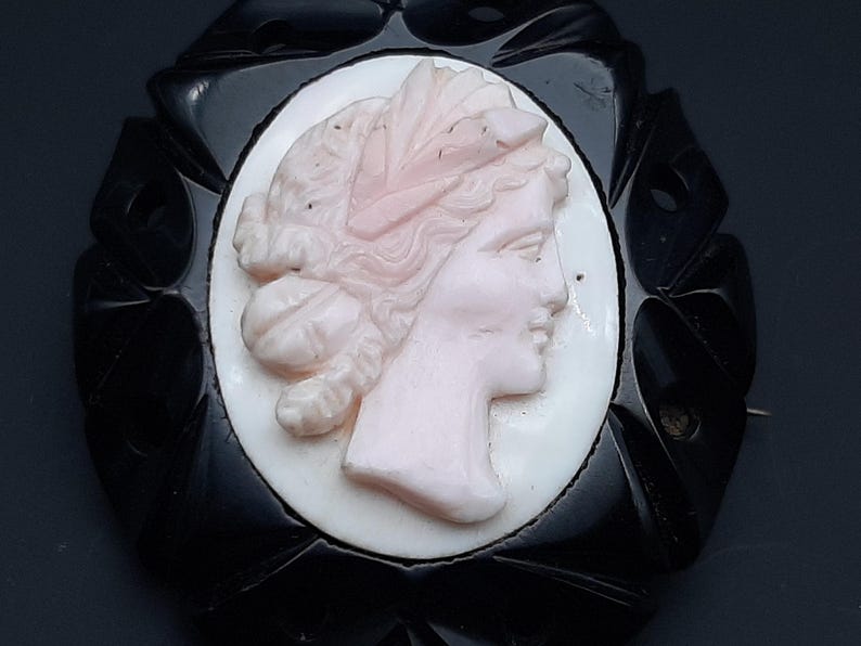 May include: A vintage cameo brooch featuring a profile of a woman with flowing hair, carved in light pink against a white oval background. The cameo is set in a black, ornate, scalloped frame, creating a striking contrast.