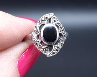 Antiker Art-Deco-Ring aus den 1920er Jahren, Sterlingsilber, Markasit und Onyx, Größe N