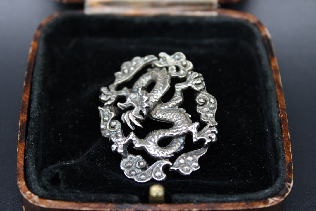 Vintage 1930s Silver Tone Chinese Dragon Brooch