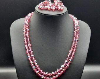 Vintage 1950s Pink Glass Demi Parure Necklace & Earrings Set