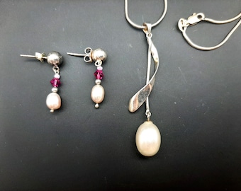 Vintage Sterling Silver & Real Pearl Necklace and Earrings Set