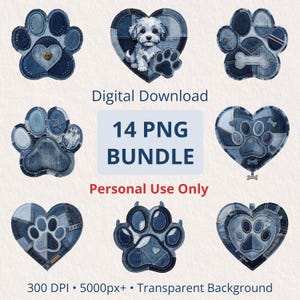 以下が含まれることがあります： デニムの足跡とハートが特徴のデジタルダウンロードグラフィックバンドル。画像には「14 PNG BUNDLE」と「Personal Use Only」の文字が含まれています。グラフィックは青色で、さまざまなデニムのテクスチャが特徴です。