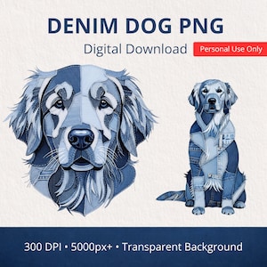 May include: Two digital illustrations of a dog, crafted from denim textures. The first is a detailed headshot, the second a full body pose. Text reads "DENIM DOG PNG" and "Digital Download". The image also states "Personal Use Only".