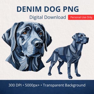 Könnte beinhalten: Digitaler Download mit zwei Denim-Hunde-Illustrationen. Eine ist eine detaillierte Nahaufnahme, die andere eine Ganzkörperpose. Das Kunstwerk besteht aus Denim-Patches in Blautönen. Der Text "DENIM DOG PNG" und "Digital Download" ist enthalten.