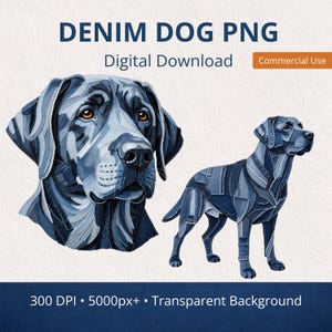 May include: Digital download featuring two denim dog illustrations. One is a headshot, the other a full body pose. The artwork is made of denim patches in shades of blue, with the text "DENIM DOG PNG" and "Digital Download".