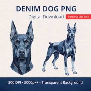 Doberman Pinscher PNG-paket för personligt bruk - Denim Patchwork Clipart, Dobie hundansiktsdesign