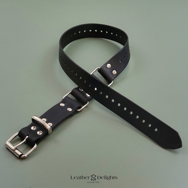 May include: A black leather collar with a silver buckle and rivets. The collar has evenly spaced holes along its length for adjustment. The product is from Leather Delights.