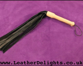 BDSM Flogger Black Leather with Oak Handle Bondage Fetish Whip