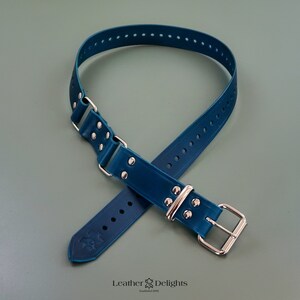 May include: A teal-colored collar with a buckle and metal hardware. The collar has a series of evenly spaced holes and is made of a flexible material. The brand name "Leather Delights" is printed at the bottom.