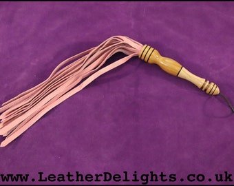 BDSM Flogger Pink Leather with Oak Handle Bondage Fetish Whip
