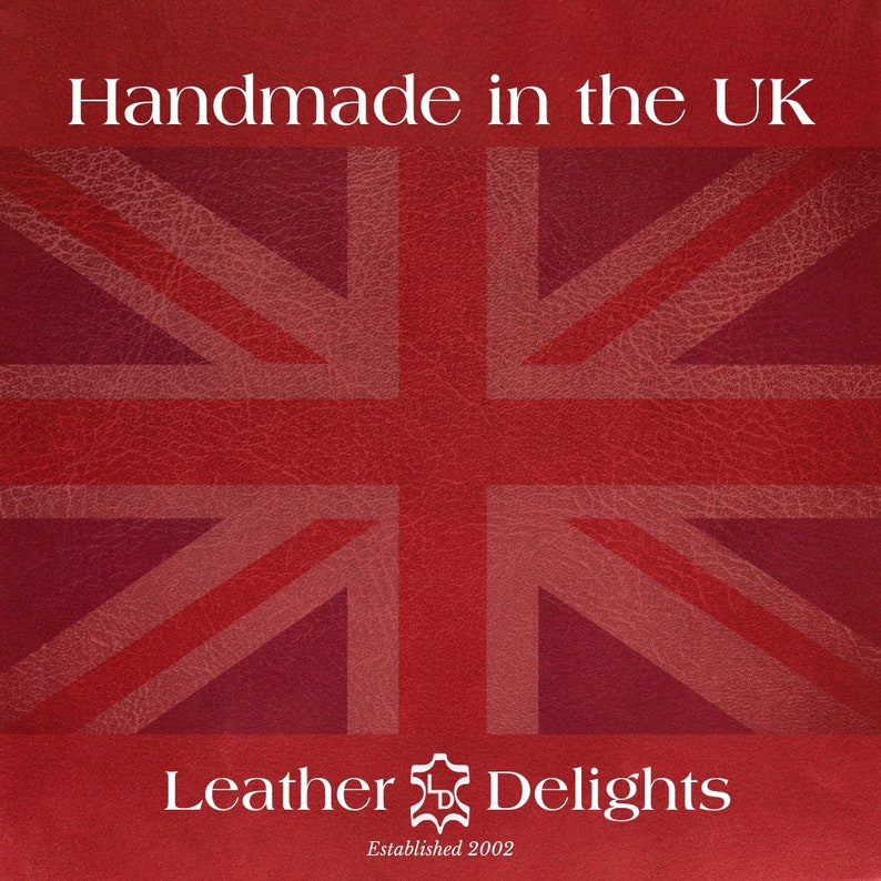 May include: A red background with a Union Jack design overlay. The text "Handmade in the UK" is at the top, and the logo for "Leather Delights" is at the bottom, with "Established 2002" below it.