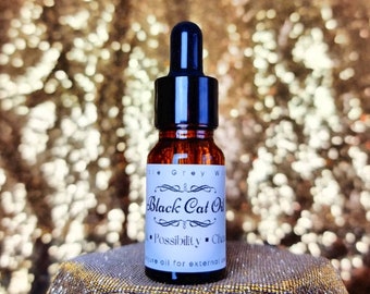Aceite de Gato Negro para la suerte, la posibilidad y la casualidad. Hoodoo, vudú de Nueva Orleans, trabajo con raíces y magia popular.