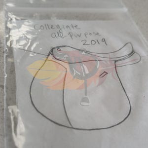 May include: A sketch of a Collegiate all-purpose saddle from 2019, drawn in black ink. The saddle is depicted with a seat, stirrup, and other details. The drawing is on a translucent surface.