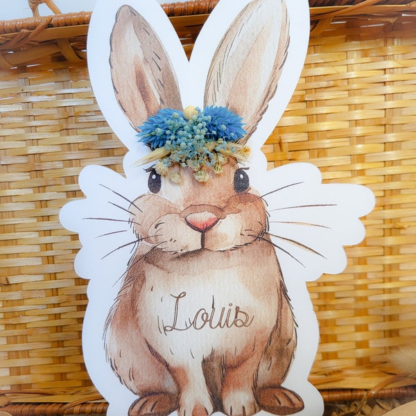 Carte lapin fleurs séchées cadeau Pâques personnalisé prénom fait-main enfant illustration naissance papeterie décoration chambre bébé