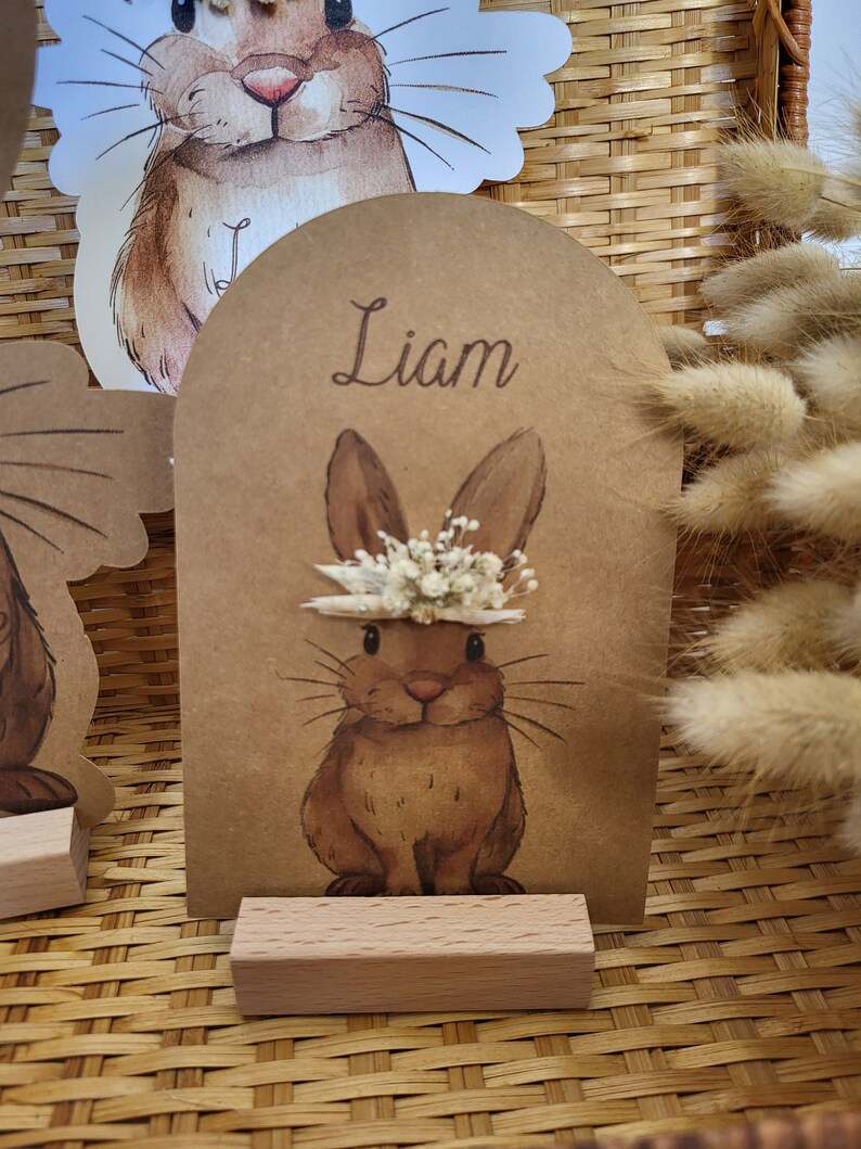 Rabbit card dried flowers personalized Easter gift first name handmade child illustration birth stationery baby room decoration image 8