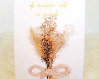 Carte personnalisée avec fleurs séchées – Cadeau merci, fête des mères, marraine, maîtresse, naissance, fait main bohème