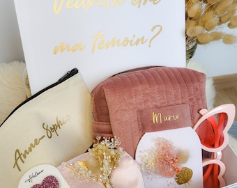 Boîte cadeau veux-tu être ma témoin marraine fleurs séchées lunettes coeur trousse velours personnalisée maman anniversaire mariage EVJF