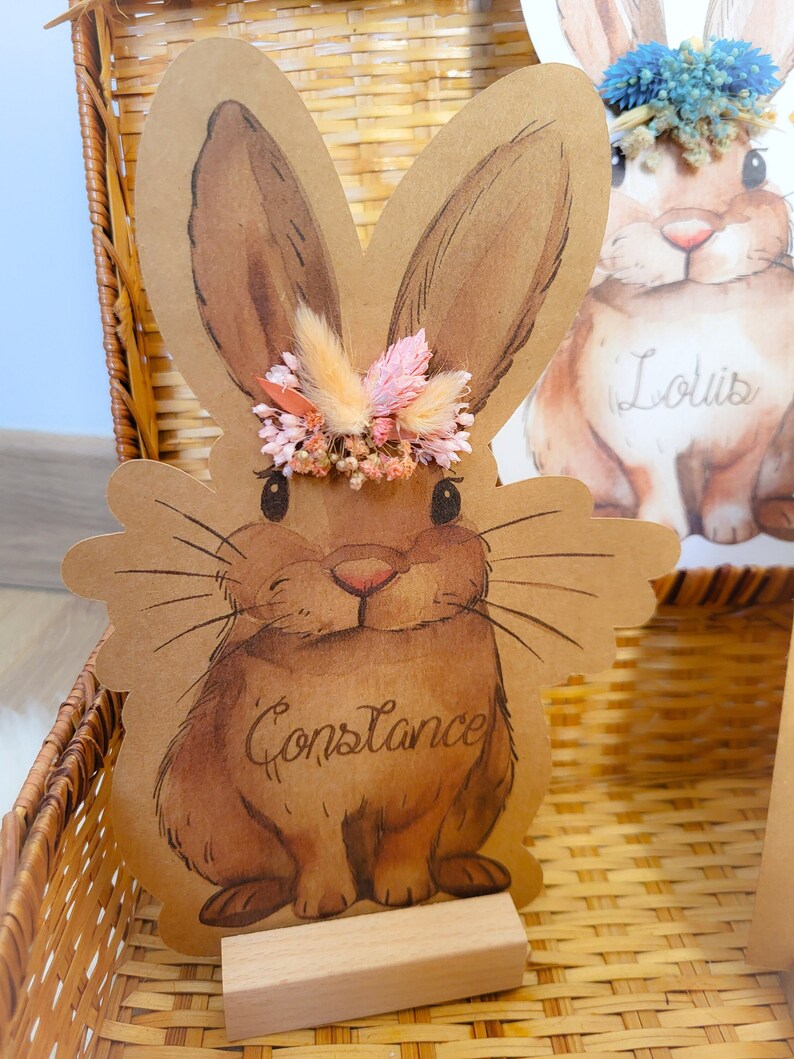 Rabbit card dried flowers personalized Easter gift first name handmade child illustration birth stationery baby room decoration image 3