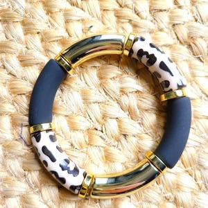 Leopard bracelet bangle beads tubes acrylic resin curved elastic jewelry handmade, trendy, natural tones, animal print