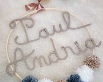 Baby room decoration personalized crown first name knitting pompoms