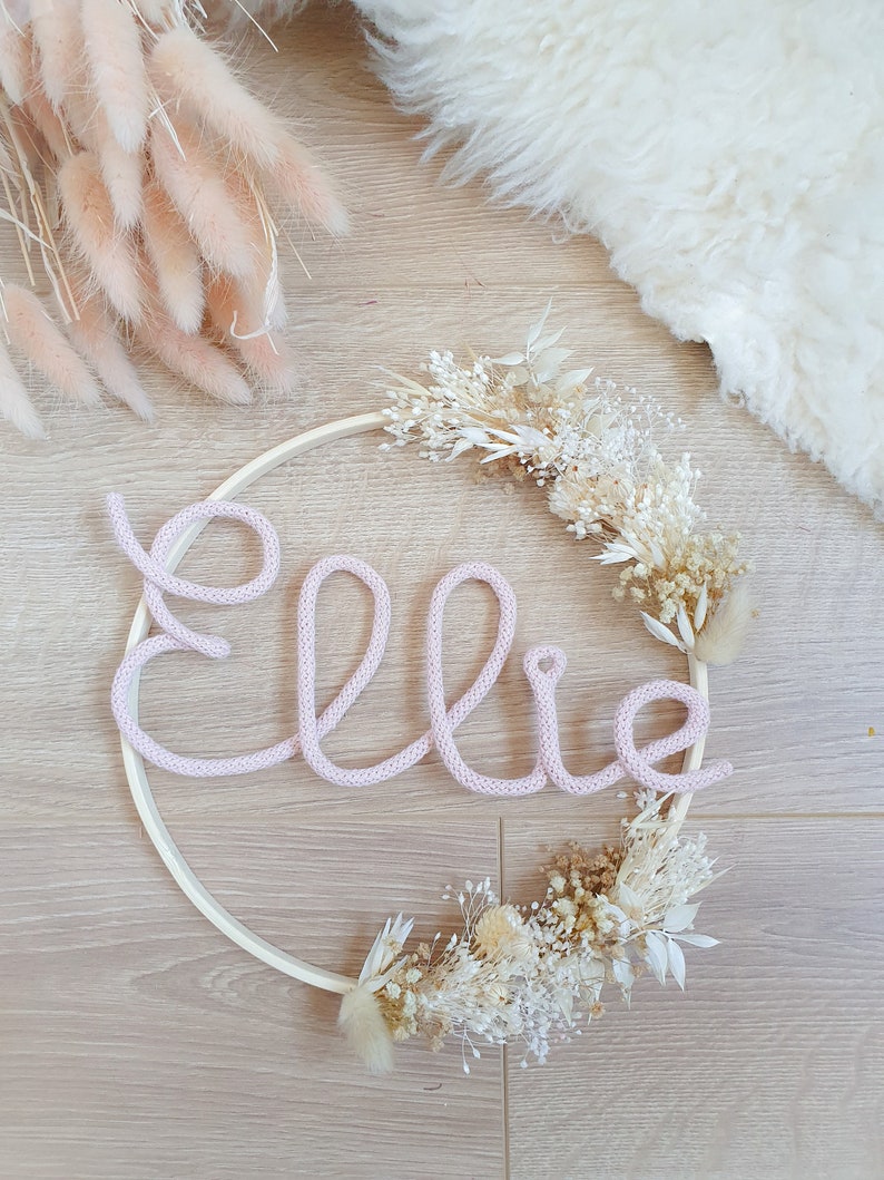 Personalized baby room wall decoration crown dried flowers first name handmade birth gift girl boy child mom baby shower image 8