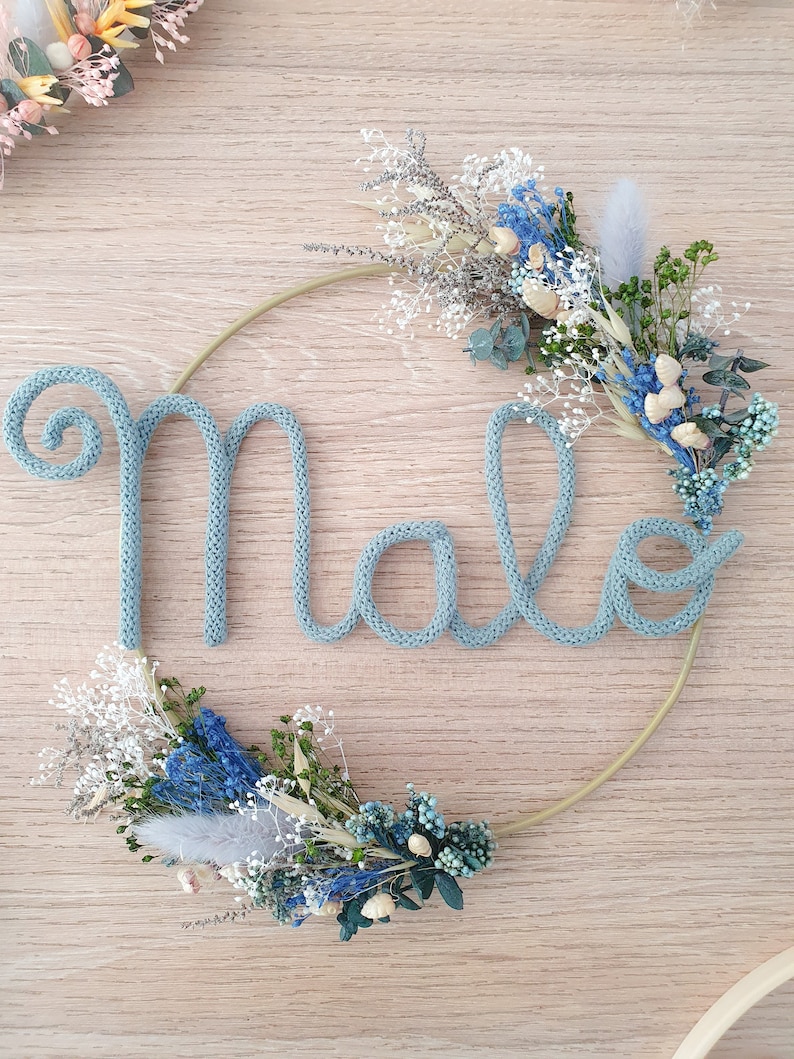 Personalized baby room wall decoration crown dried flowers first name handmade birth gift girl boy child mom baby shower image 6