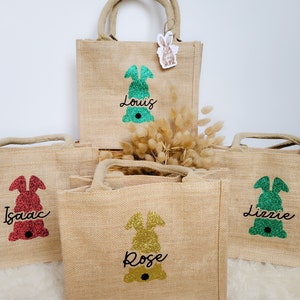 Personalized Easter Bunny Jute Easter Bag with Name, Children&#39;s Egg Hunt Basket, Customizable Easter Nest Gift