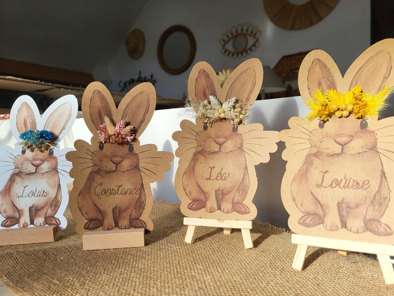 Rabbit card dried flowers personalized Easter gift first name handmade child illustration birth stationery baby room decoration image 2