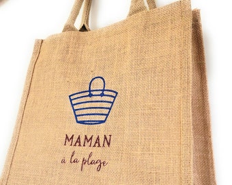 Panier de plage toile de jute personnalisé Cabas prénom Maman à la plage Cadeau fête des mères sac  totebag amour EVJF Témoin mariage mariée