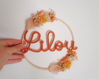 Personalized baby room wall decoration crown dried flowers first name handmade birth gift France child mom baby shower