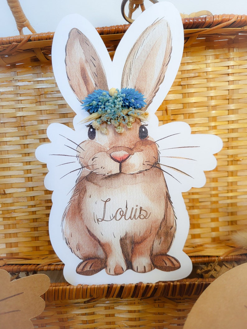 Rabbit card dried flowers personalized Easter gift first name handmade child illustration birth stationery baby room decoration image 1