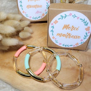 Pulsera de regalo para maestra de fin de año: cuentas doradas, coral, menta o con purpurina, caja personalizada, hecha a mano, joyería, útil, original