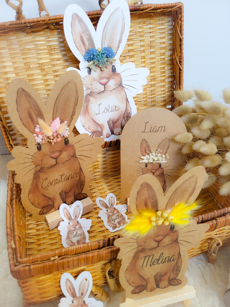 Rabbit card dried flowers personalized Easter gift first name handmade child illustration birth stationery baby room decoration image 6