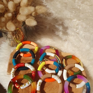 Bangle bracelet beads tubes acrylic resin curved elastic jewelry handmade gift woman Valentine&#39;s Day mom lover
