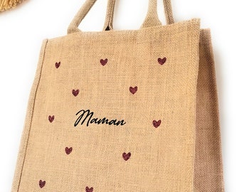 Personalized boho burlap bag handmade first name Mom darling Mother's Day gift heart love EVJF Bride wedding witness