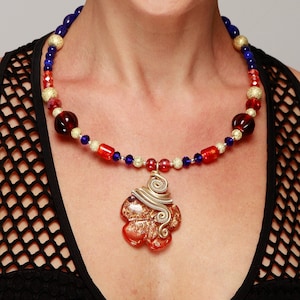 Round Murano glass necklace Floral pendant Golden red handmade unique glass pendant Italian glass pendant Wire wrap trendy jewelry for her