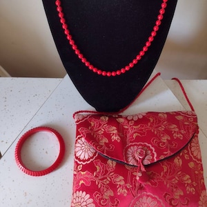 Pure Silk Hand Made Cross Body Evening Bag Purse w Matching Beaded Necklace & Bangle