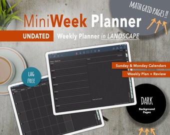 Dark MiniWeek UNDATED Digital Planner MATH Grid, Weekly Planner, LANDSCAPE Digital Notebook, Digital Planner Goodnote, Noteshelf