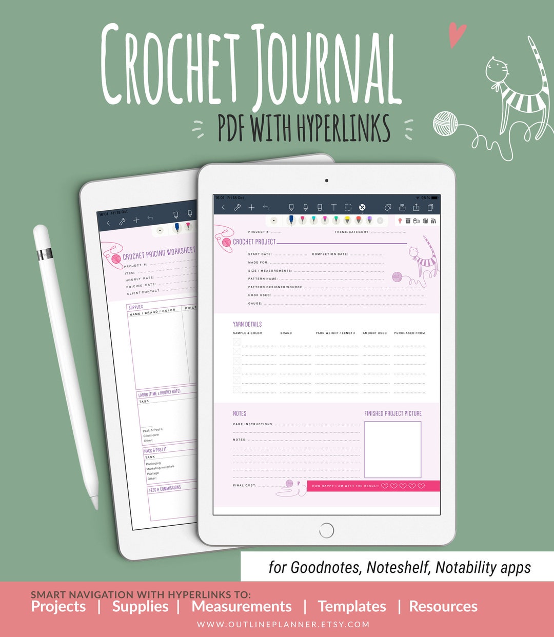 Crochet Journal for iPad PDF WITH Links, Crochet Pattern Journal Ipad,  Crochet Planner Digital Good Note, Noteshelf, Goodnote iPad Planner 